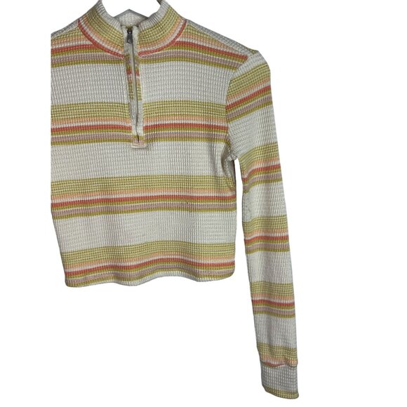 SO Top Womens Small Shirt Waffle Knit Fall Mock Neck Zip Tan Orange Striped - Picture 3 of 14